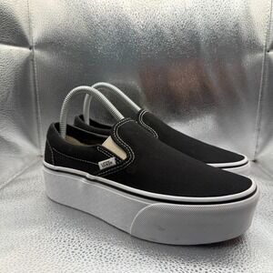 Size 5.5M/7W Vans Black True White Unisex Canvas Classic Slip-On Platform Shoes